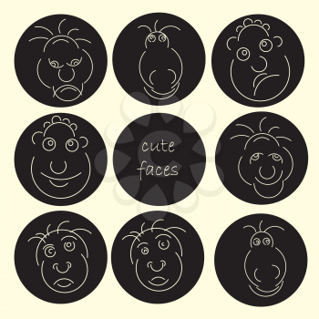 Cute faces abstract avatar set. Funny humor character collection. Vector illustration. Smiling and angry expressions.