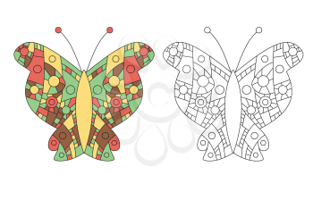 Coloring page for adult zentangle anti-stress drawing. Butterfly colored and outlined templates. Vector illustration.