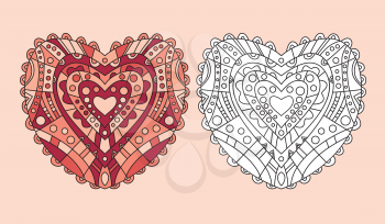 Zentangle coloring page heart symbol vector illustration. Antistress for adult coloring ornamental template design.