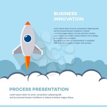 Business innovation cover page booklet template. Cartoon rocket vector illustration. Startup presentation poster background.