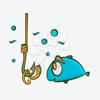 Fish and worm on fishing hook funny kids vector illustration.