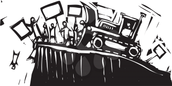 Royalty Free Clipart Image of a Bulldozer Breaking Up a Protest 