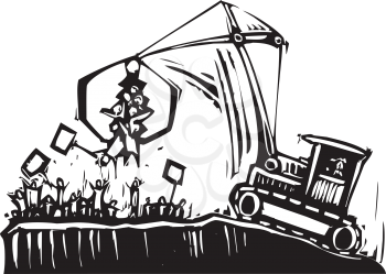 Royalty Free Clipart Image of a Crane Breaking Up a Protest 