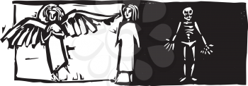 Royalty Free Clipart Image of a Person Standing Between an Angel and Skeleton