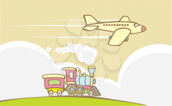 Royalty Free Clipart Image of a Jet Flying Over a Train