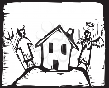Royalty Free Clipart Image of a House Between an Angel and Devil