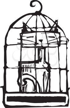 Royalty Free Clipart Image of a Cat in a Birdcage