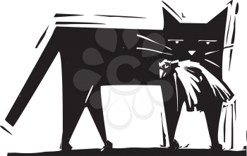 Royalty Free Clipart Image of a Cat Eating a Bird