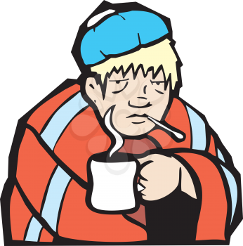 Royalty Free Clipart Image of a Sick Man Drinking Tea