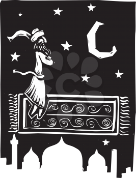 Royalty Free Clipart Image of a Man Riding a Flying Carpet