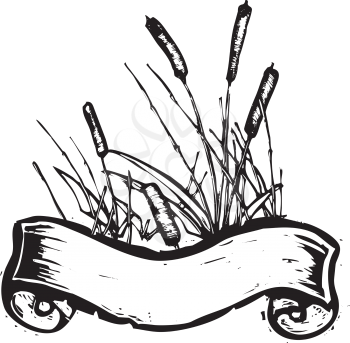 Royalty Free Clipart Image of a Patch of Reeds With a Banner
