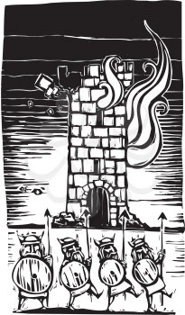 Royalty Free Clipart Image of Vikings Burning Down a Tower
