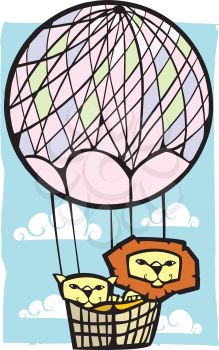 Royalty Free Clipart Image of Two Lions in a Hot Air Balloon 