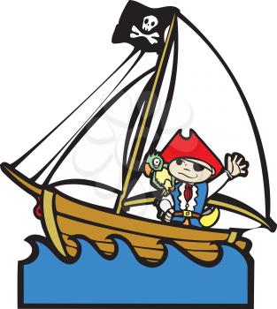 Royalty Free Clipart Image of a Pirate in a Ship