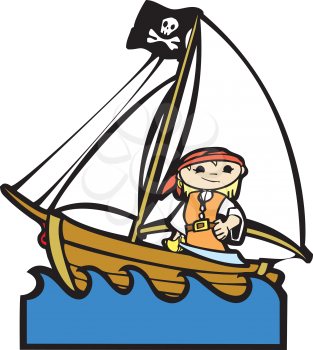 Royalty Free Clipart Image of a Pirate on a Ship
