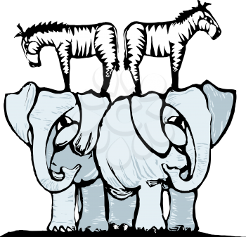 Royalty Free Clipart Image of Zebras Standing on Elephants