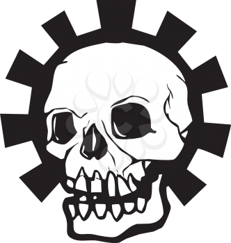 Royalty Free Clipart Image of a Skull in a Mechanical Gear