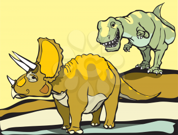 Royalty Free Clipart Image of a Tyrannosaurus Rex Hunting a Stegosaurus