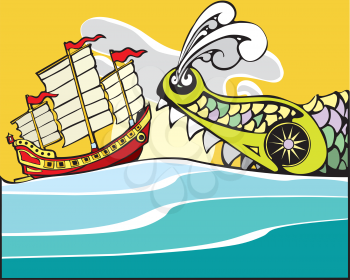 Royalty Free Clipart Image of a Sea Monster Attacking a Ship