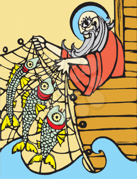 Royalty Free Clipart Image of Noah Fishing From the Ark