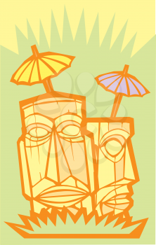 Royalty Free Clipart Image of Two Tiki Moai Heads