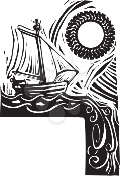 Royalty Free Clipart Image of a Sailboat Falling off the Edge