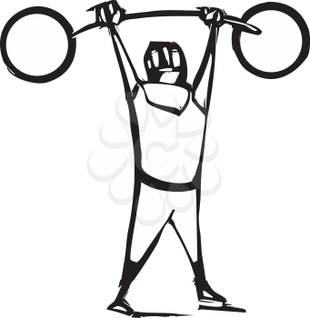 Woodcut style image of a circus strong man lifting heavy weights.