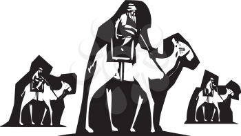 woodcut style image of three men on camel back.