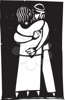 Jewish man and woman embracing rendered in an expressionist style.