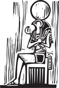 Woodcut style image a seated Egyptian God Osiris.
