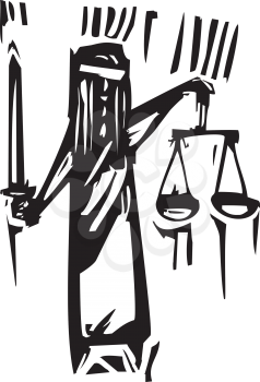 Woodcut expressionist style of the metaphor for blind justice.