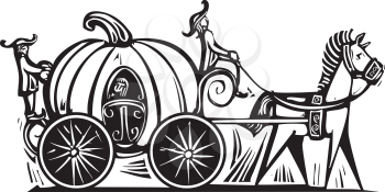 Fairytale Cinderella in Pumpkin carriage rendered in a woodcut style