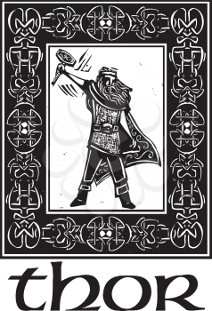Woodcut style image of the Viking God Thor in a Celtic border.