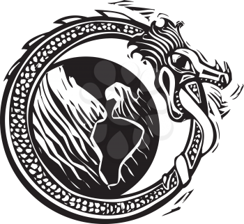 Woodcut style image of the viking Norse midgard serpent circling the earth