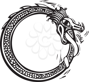 Woodcut style image of the viking Norse midgard serpent