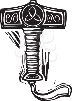Woodcut style image of the viking Norse Thor's hammer Mjolnir.
