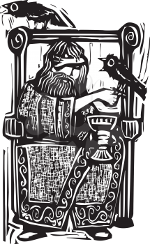 Woocut expressionist style image of the Norse god Odin or Wotan sitting on a throne with his ravens