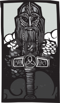 Woodcut style image of the Norse God Thor with his hammer against the sky.