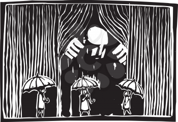 Woodcut style image of a giant man pulling back a curtain of rain over three people with umbrellas.
