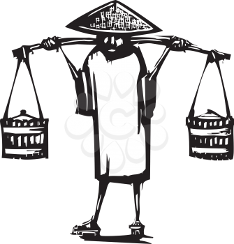 Royalty Free Clipart Image of a Chinese Peasant Farmer With Buckets on a Yoke
