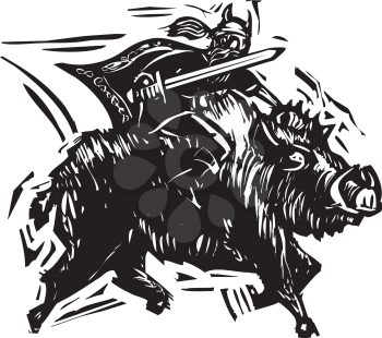 Woodcut style image of the Norse God Frey or Freyr rides on the back of dwarf made boar Gullinbursti.