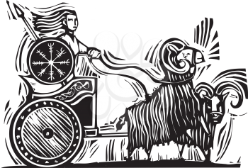 Woodcut Style image of the Norse Goddess Frigg or Frigga riding in a chariot pulled by goats.