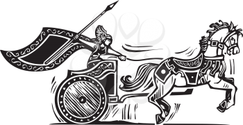 Woodcut style image of a Norse viking Valkyrie riding a chariot.
