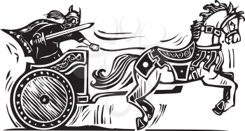 Woodcut style image of a Viking riding a chariot.