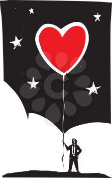 Woodcut style image of a man in a business suit holding a heart shaped balloon.
