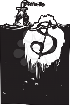 Woodcut style image of a steam ship approaching an iceberg with a dollar sign on it.