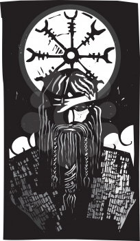 Woodcut style image of the Viking God Odin with wheel design