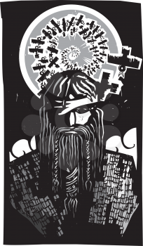 Woodcut style image of the Viking God Odin with Spiral Crows