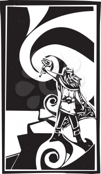 Woodcut style image of the Viking God Thor with swirling clouds.