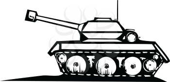 Woodcut style image of a military tank.
